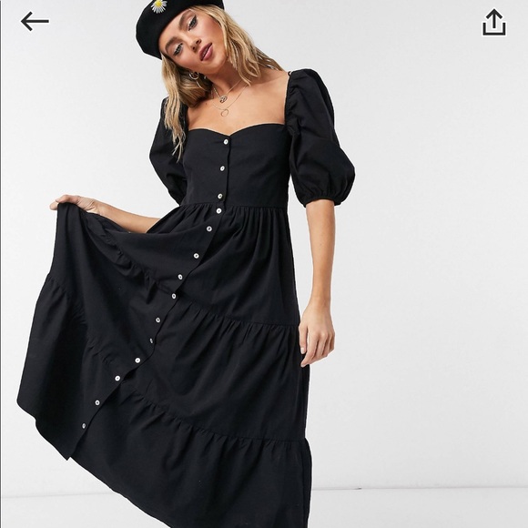 BERSHKA BUTTON DOWNTIERED POPLIN SMOCK DRESS IN BLACK - Picture 1 of 4